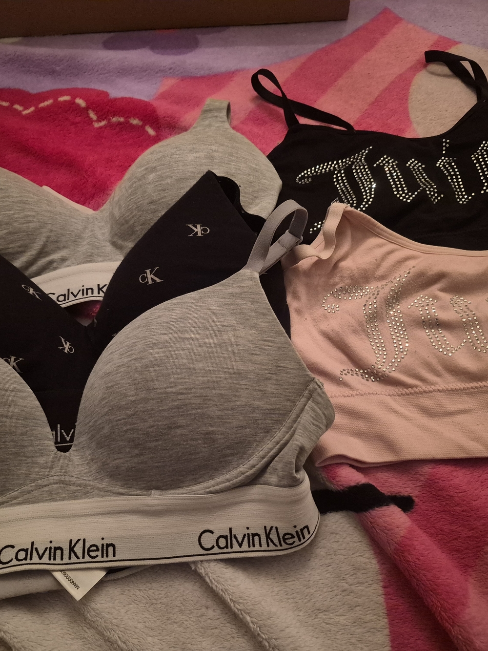 3 Calvin Klein Women's Grey & Juicy Couturw Black Bralette Set with Pink Accent